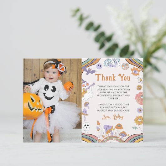 Ghost Halloween Groovy Verjaardag Foto Bedankkaart (Staand voorkant)