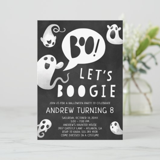 Ghost Halloween Party Invitation - Lets Boogie Kaart (Staand voorkant)