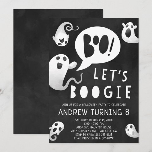 Ghost Halloween Party Invitation - Lets Boogie Kaart (Voorkant / Achterkant)