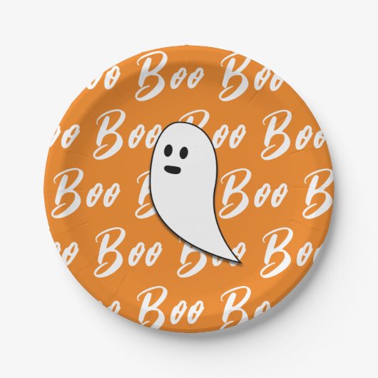 Ghost Halloween wit sinaasappel boo tekstpatroon Papieren Bordje (Voorkant)