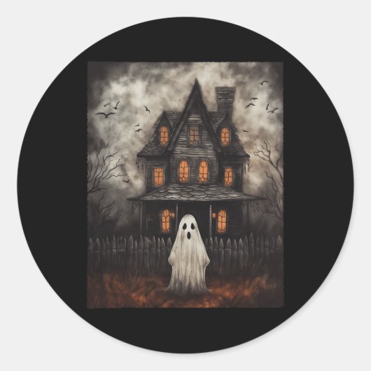 Ghost Haunted House Midnight Halloween Ghost Spook Ronde Sticker (Voorkant)