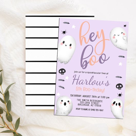 Ghost Hey Boo Pastel Paarse Halloween Verjaardag Kaart