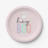 Ghost Hey Boo Pastel Roze Halloween Verjaardag Papieren Bordje (Voorkant)