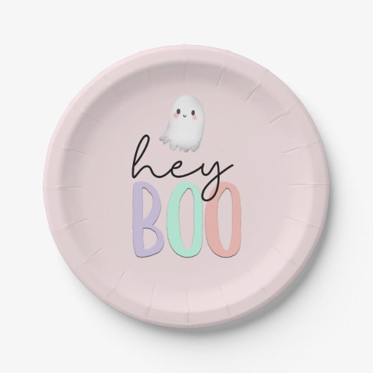Ghost Hey Boo Pastel Roze Halloween Verjaardag Papieren Bordje (Voorkant)