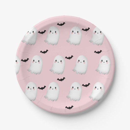 Ghost Hey Boo Pastel Roze Halloween Verjaardag Papieren Bordje (Voorkant)