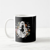 Ghost Holding Black Cat Groovy Bloemen Halloween G Koffiemok (Links)