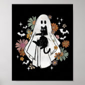 Ghost Holding Black Cat Groovy Bloemen Halloween G Poster (Voorkant)