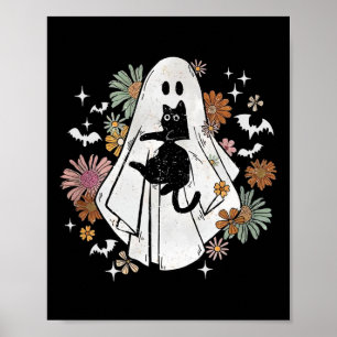 Ghost Holding Black Cat Groovy Bloemen Halloween G Poster