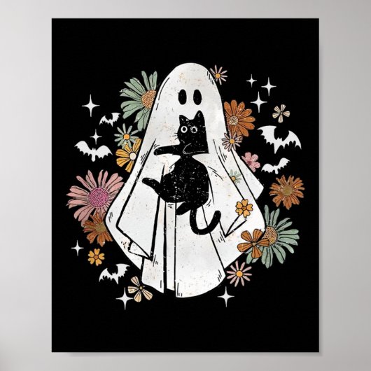Ghost Holding Black Cat Groovy Bloemen Halloween G Poster (Voorkant)