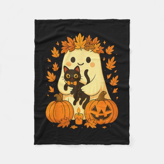 Ghost Holding Black Cat Halloween Pumpkins Autumn  Fleece Deken (Voorkant)