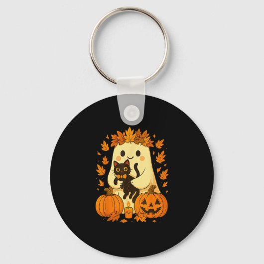 Ghost Holding Black Cat Halloween Pumpkins Autumn  Sleutelhanger (Voorkant)