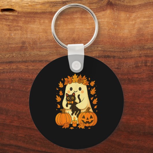 Ghost Holding Black Cat Halloween Pumpkins Autumn  Sleutelhanger (Voorkant)