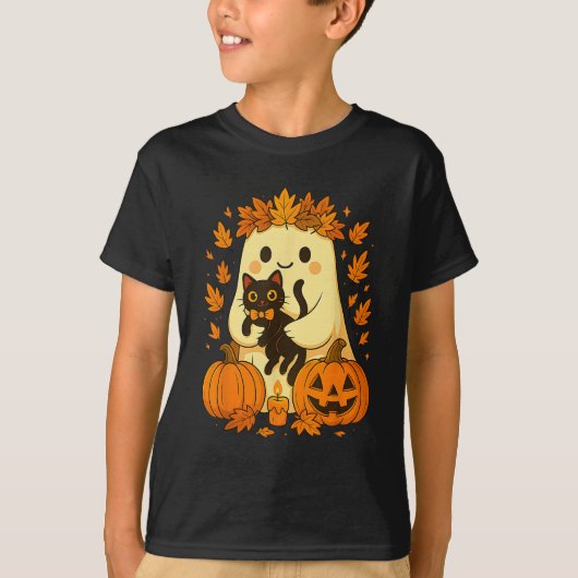 Ghost Holding Black Cat Halloween Pumpkins Autumn  T-shirt (Voorkant)