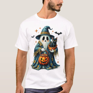 Ghost Holding Black Cat Lover Halloween 2025 T-shirt