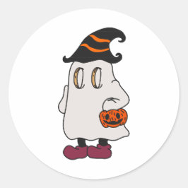Ghost holding pumpkin and wearing witch hat ronde sticker