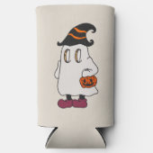 Ghost holding pumpkin and wearing witch hat seltzer blikjeskoeler (Voorkant)