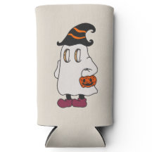 Ghost holding pumpkin and wearing witch hat