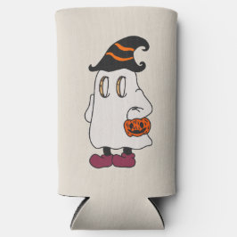 Ghost holding pumpkin and wearing witch hat seltzer blikjeskoeler