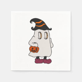 Ghost holding pumpkin and wearing witch hat servet