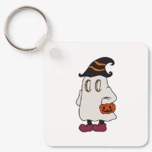 Ghost holding pumpkin and wearing witch hat