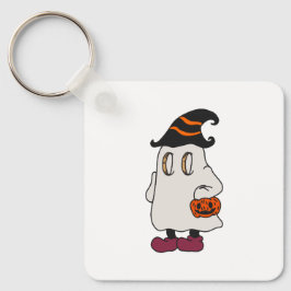 Ghost holding pumpkin and wearing witch hat sleutelhanger