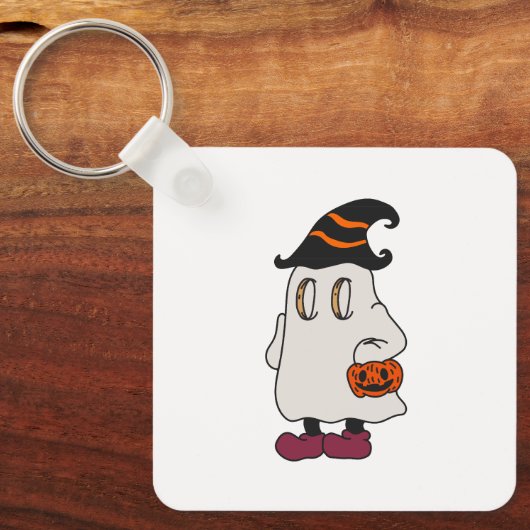 Ghost holding pumpkin and wearing witch hat sleutelhanger (Voorkant)