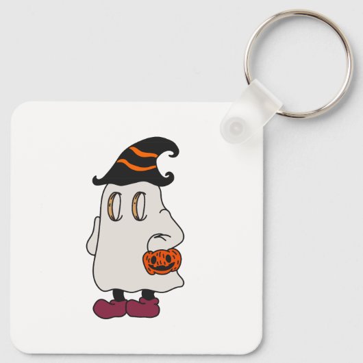 Ghost holding pumpkin and wearing witch hat sleutelhanger (Achterkant)