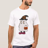 Ghost holding pumpkin and wearing witch hat t-shirt (Voorkant)