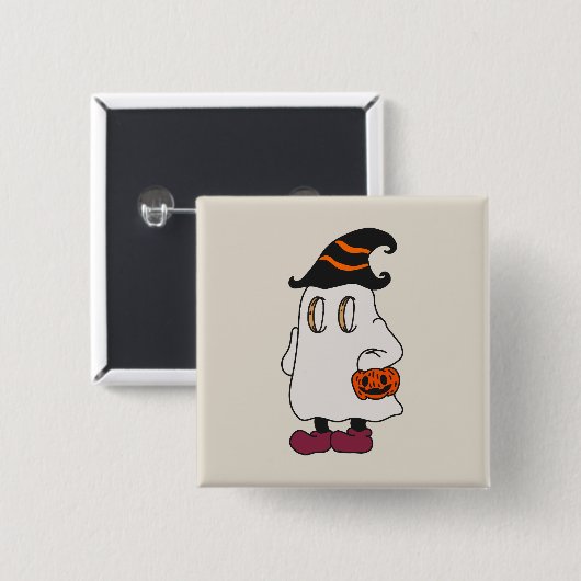 Ghost holding pumpkin and wearing witch hat vierkante button 5,1 cm (Voorkant /achterkant)