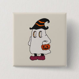 Ghost holding pumpkin and wearing witch hat vierkante button 5,1 cm