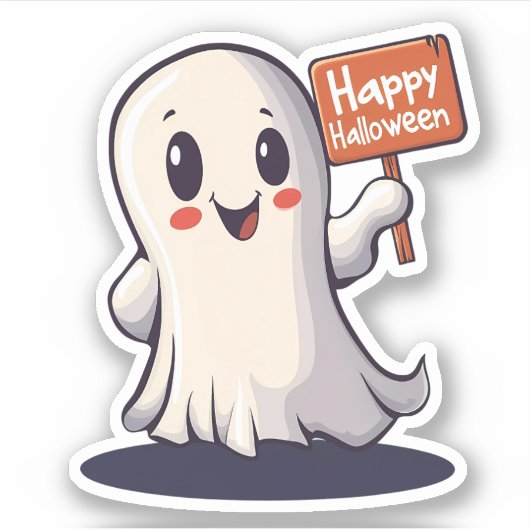 Ghost houdt een gelukkig Halloween-teken vast Sticker (Voorkant)