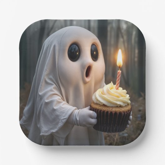 Ghost houdt een verjaardagscupcake vast papieren bordje (Voorkant)