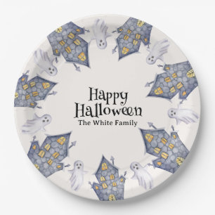 Ghost House Happy Halloween Aangepaste familienaam Papieren Bordje