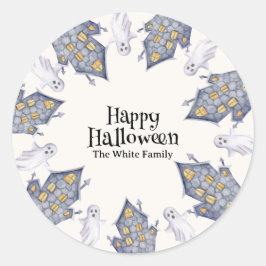 Ghost House Happy Halloween Aangepaste familienaam Ronde Sticker