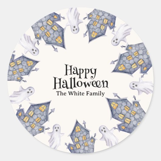Ghost House Happy Halloween Aangepaste familienaam Ronde Sticker (Voorkant)