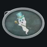 Ghost in Sterrennacht Sky Top Cat Gold Skull Cane Gesp<br><div class="desc">Deze gordelsluiting heeft een witte geest in een donkere sterrenhemel met een blauwe bovenste hoed en een fancy zwarte met een gouden trimstok met een gouden schedel bovenaan.</div>