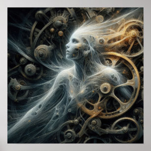 Ghost in the Machine: Een Steampunk Abstracte Kuns Poster
