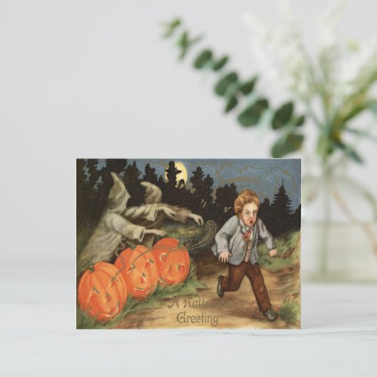 Ghost Jack O' Lantern Scared Boy Moon Briefkaart (Staand voorkant)