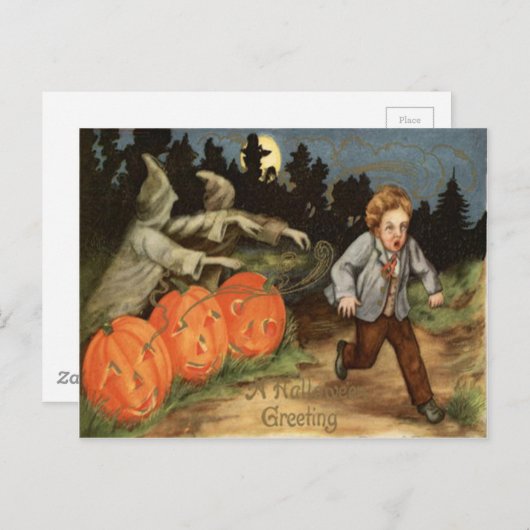 Ghost Jack O' Lantern Scared Boy Moon Briefkaart (Voorkant / Achterkant)