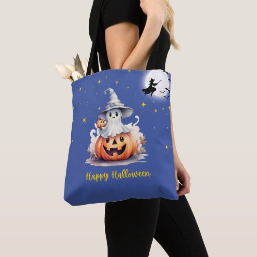 Ghost Jack-O' Lantern Volle Maan Sterren Halloween Tote Bag (Dichtbij)