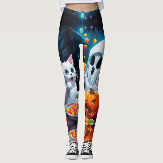 Ghost Kitten Pompoen Snoep Halloween Leggings (Voorkant)