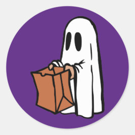 Ghost met Bag Trick of Treating op Paarse Ronde Sticker
