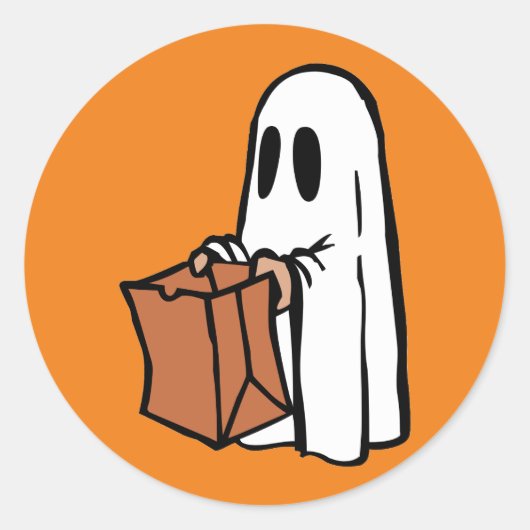 Ghost met Bag Trick of Treating op Sinaasappel Ronde Sticker (Voorkant)