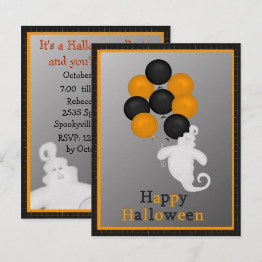 Ghost met Ballons Halloween Party Invitation Kaart (Voorkant / Achterkant)