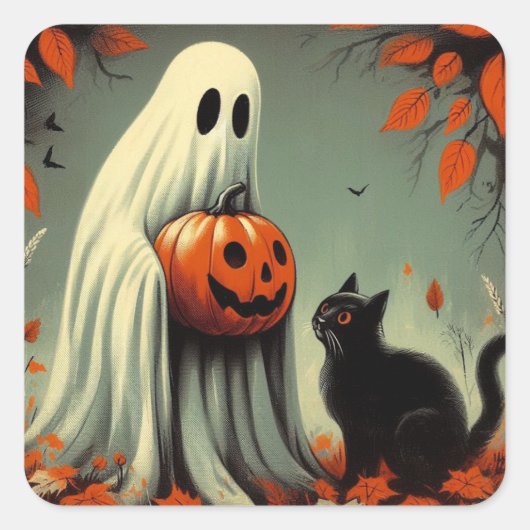 Ghost met Black Cat Retro Halloween Vierkante Sticker (Voorkant)