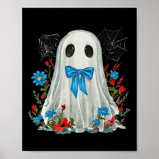 Ghost met blauwe strik Coquette en bloemen Hallowe Poster (Voorkant)