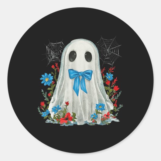 Ghost met blauwe strik Coquette en bloemen Hallowe Ronde Sticker (Voorkant)