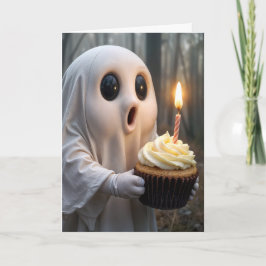 Ghost met een verjaardagscupcake kaart