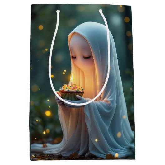 Ghost met een verjaardagscupcake medium cadeauzakje (Voorkant)