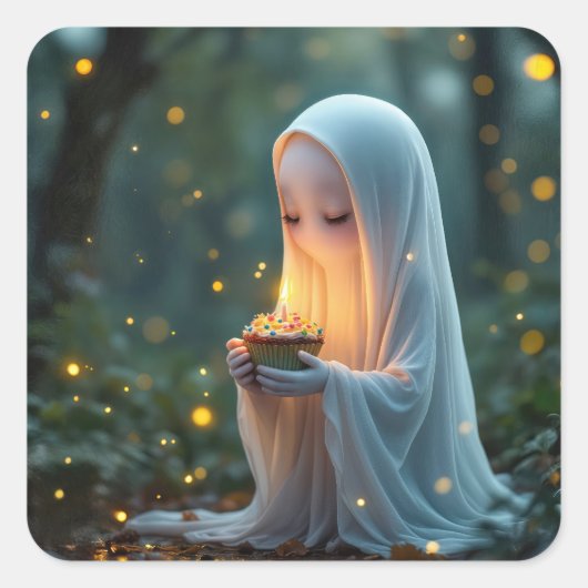 Ghost met een verjaardagscupcake vierkante sticker (Voorkant)